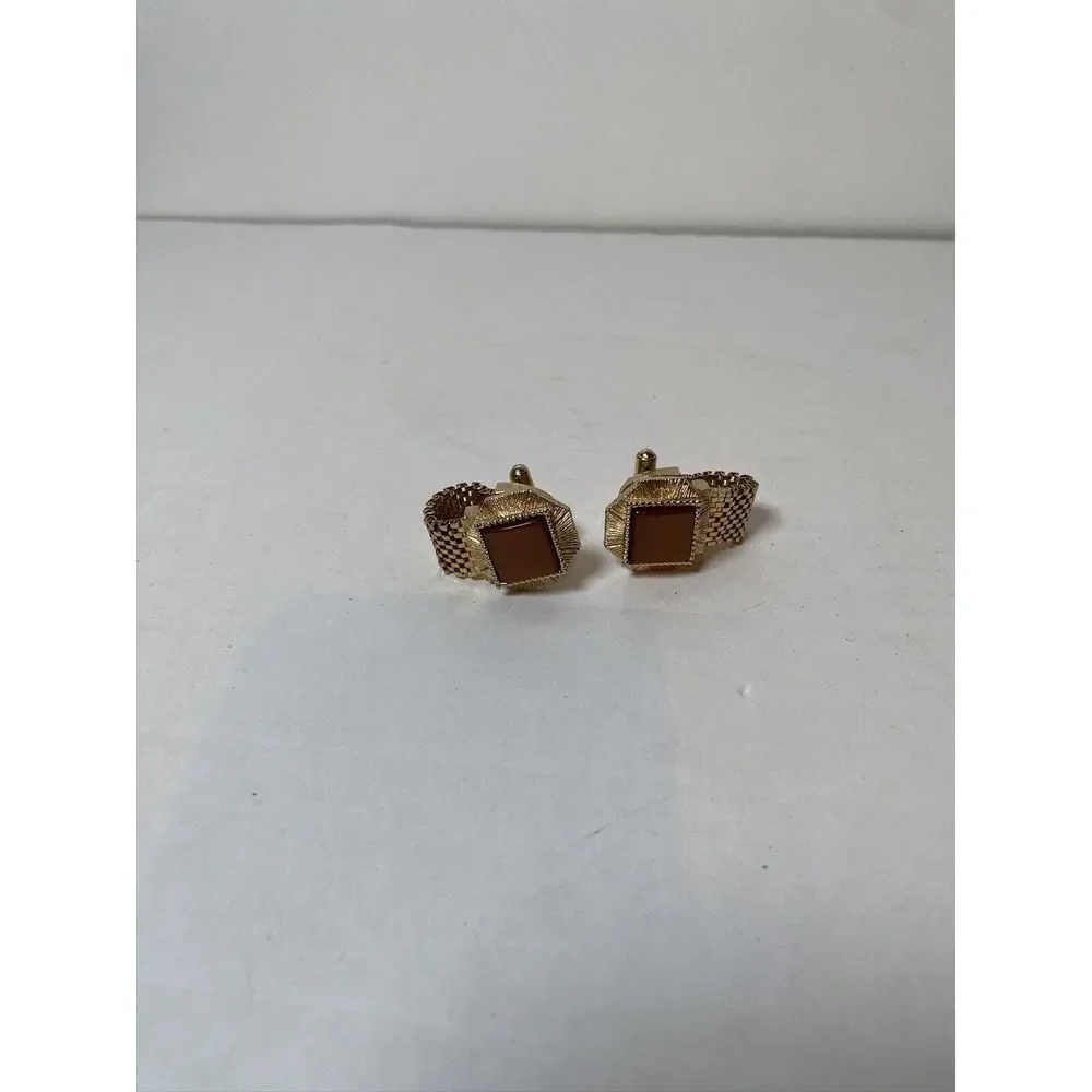 Vintage Thermoset Brown Glass Mesh Wrap Cufflinks, Circa 1960, Gift Boxed!